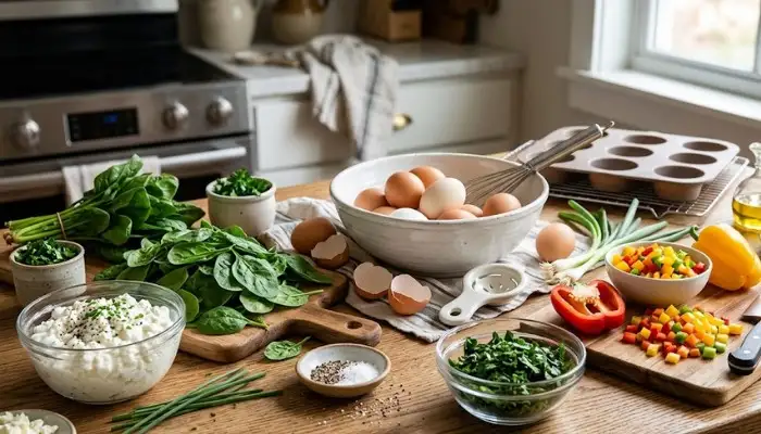 Ingredients for healthy egg muffins including eggs, cottage cheese, fresh spinach, and diced bell peppers.