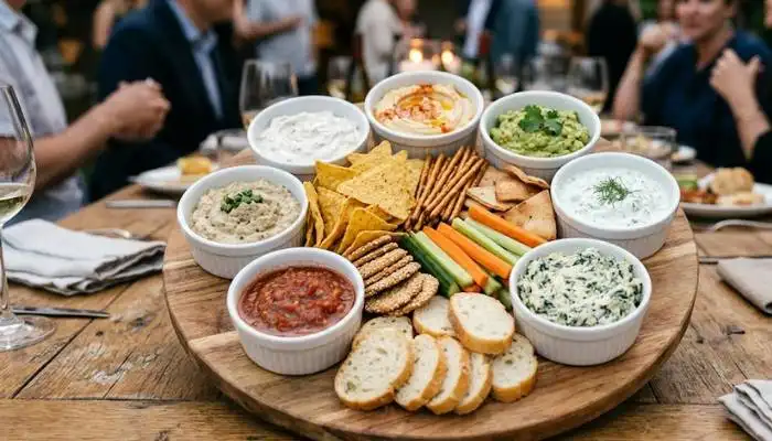 An organized party food platter displaying small bowls of dips in a circle with dry finger foods neatly arranged in the center.