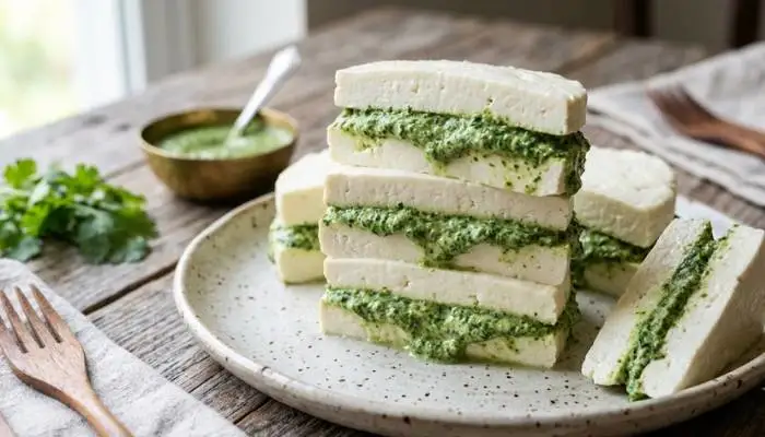 Slices of soft white paneer layered with a thick green mint and hung curd chutney filling.
