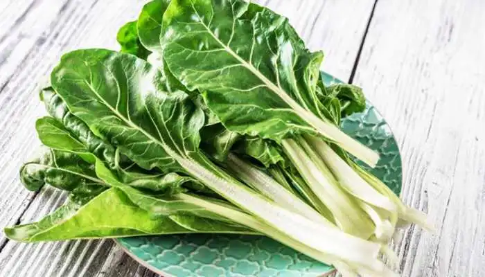 Fresh green Swiss chard leaves with vibrant stems, packed with vitamins and minerals.