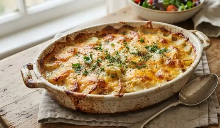 A bubbling, golden-brown cheesy potato gratin baked in a ceramic dish with visible melted cheddar and herbs.