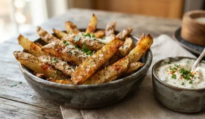 Crispy seasoned potato skin strips baked in an air fryer, served in a small bowl with a side of creamy dip.
