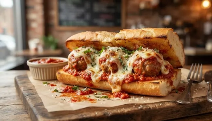 A toasted turkey meatball sub sandwich with melted cheese and marinara sauce