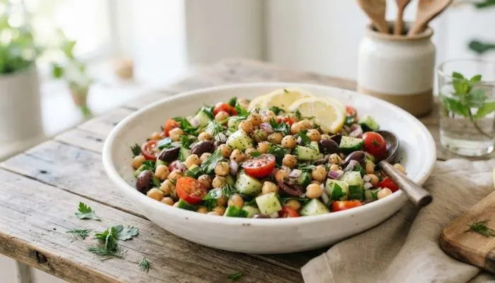 Quick and easy 5-minute chickpea and cucumber salad in a white bowl with lemon slices.