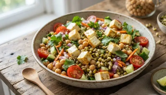Assorted vegetarian high-protein salad ingredients including paneer cubes, boiled chickpeas, and sprouted moong beans.