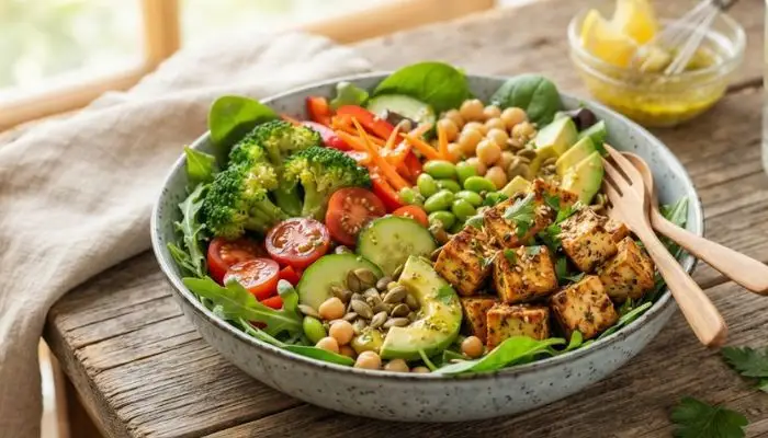 Low-calorie, nutrient-dense green salad bowl topped with fresh tofu, broccoli, and lemon dressing for weight loss.