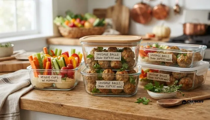 Freshly prepared make-ahead Thanksgiving appetizers like sausage balls and veggie cups stored neatly in containers.