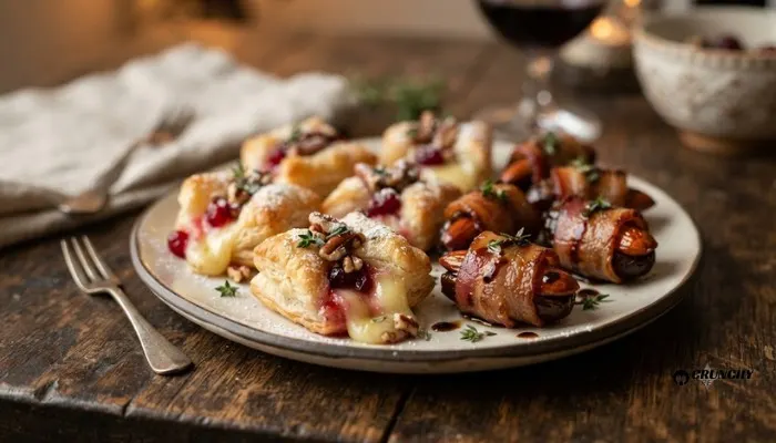 Close-up of golden brown cranberry brie bites and bacon-wrapped dates served on a small plate.