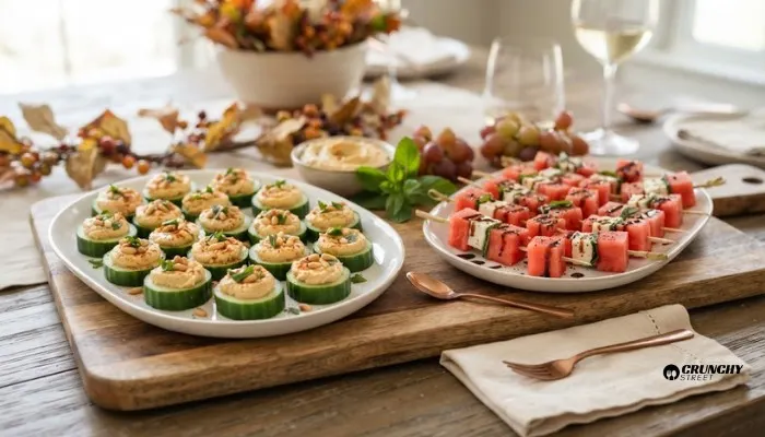 Light and refreshing Thanksgiving appetizers featuring cucumber hummus bites and watermelon feta skewers.