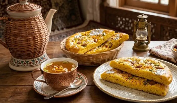 Saffron-infused Sheermal flatbread served with Kashmiri Kahwa tea