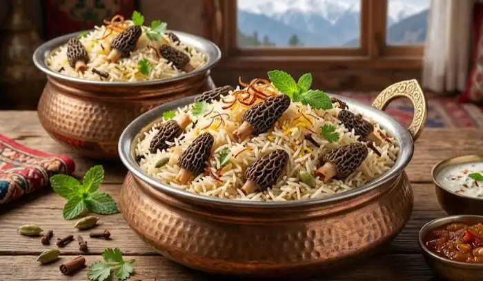Gucchi Pulao, aromatic Kashmiri rice dish made with wild Himalayan morel mushrooms