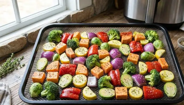 Seasoned vegetables arranged in a single layer inside an air fryer basket to prevent overcrowding