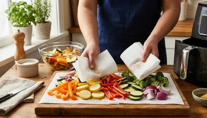 Patting sliced fresh vegetables dry with paper towels before air frying