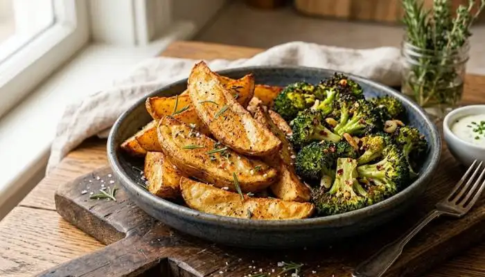 Crispy air fried potato wedges and roasted broccoli florets